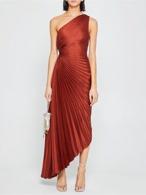 NWT Few Moda Perko Dress size XS Rust pleated one shoulder cut out maxi ALC opt